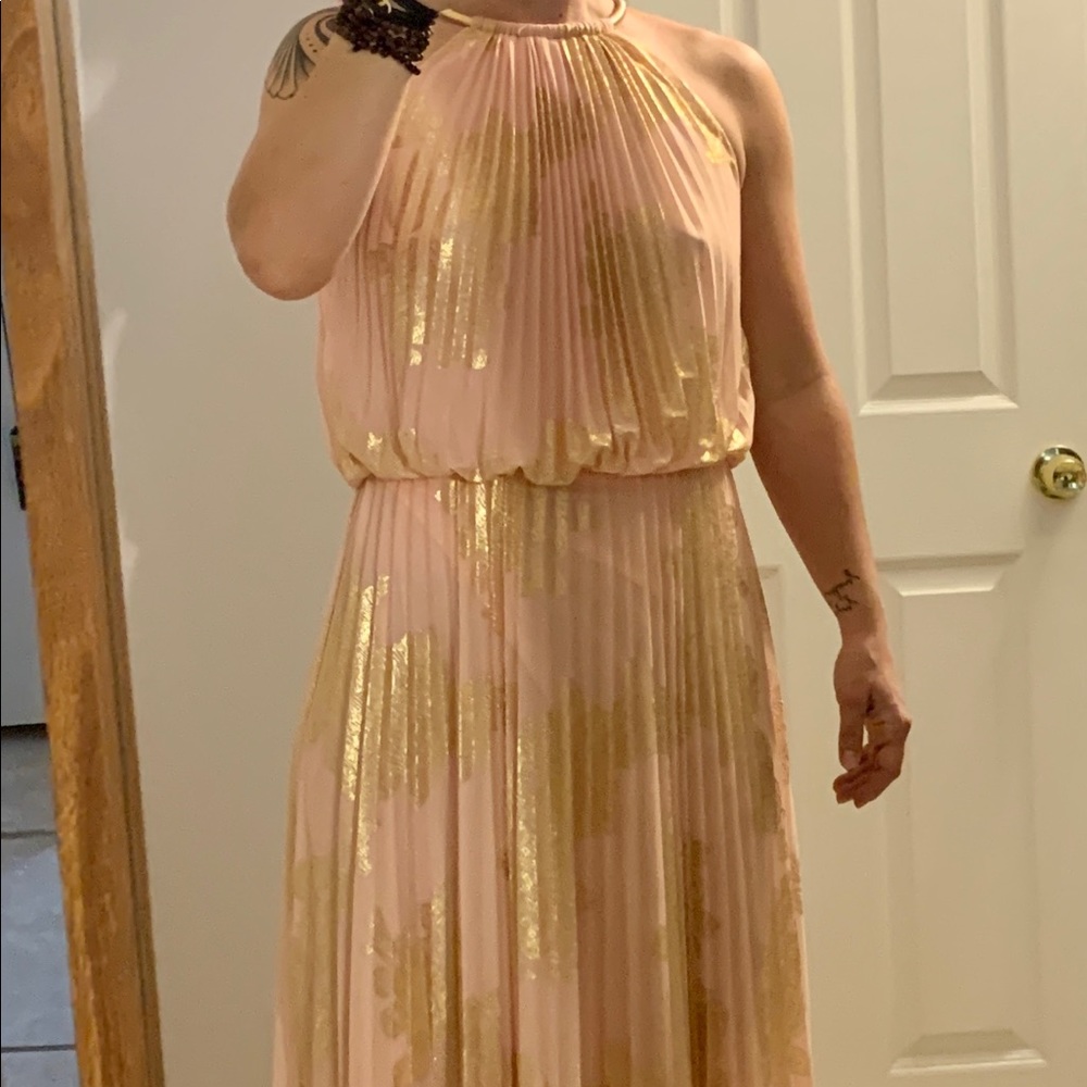 Floor length pink with gold overlay dress